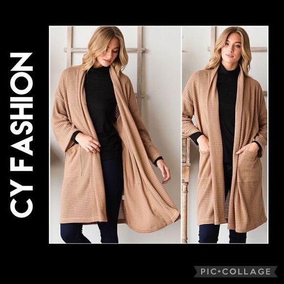 CY Fashion Tan Waffle Knit Long Open Cardigan Size Large-NWT - Picture 1 of 10